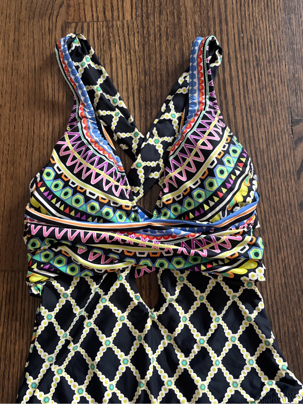 Trina Turk Black One-Piece Swim with Multicolor Tribal Accents - Picture 2 of 7